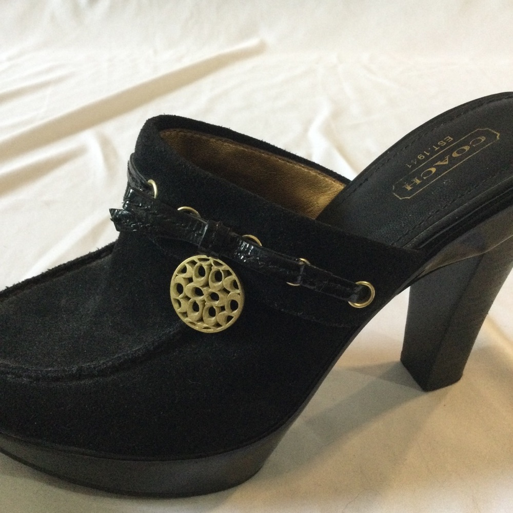 Coach Black Suede Platform Mule Heels with Gold Accent - Picture 7 of 7